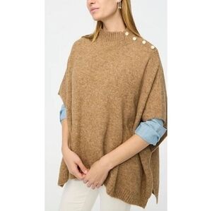 J Crew Button-Neck Poncho Sweater, Wool Blend Knit Mock-neck, One Size